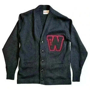 Vintage Dehen Knitting Black V Neck Varsity Cardigan Letterman Sweater w/ W sz38